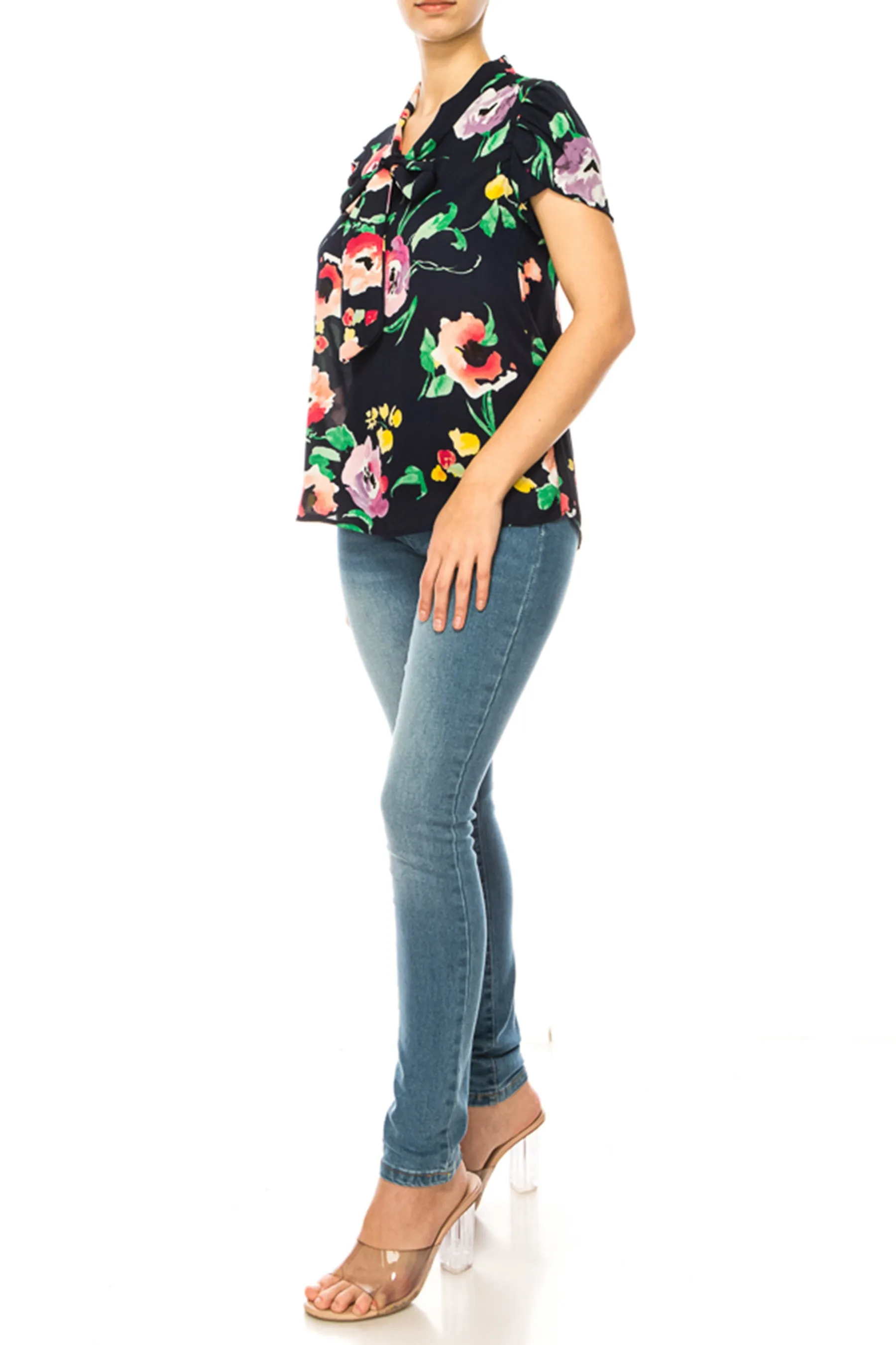 Floral Print Overlapping Short Sleeve Top with Front Tie Collar B2040 $11Each