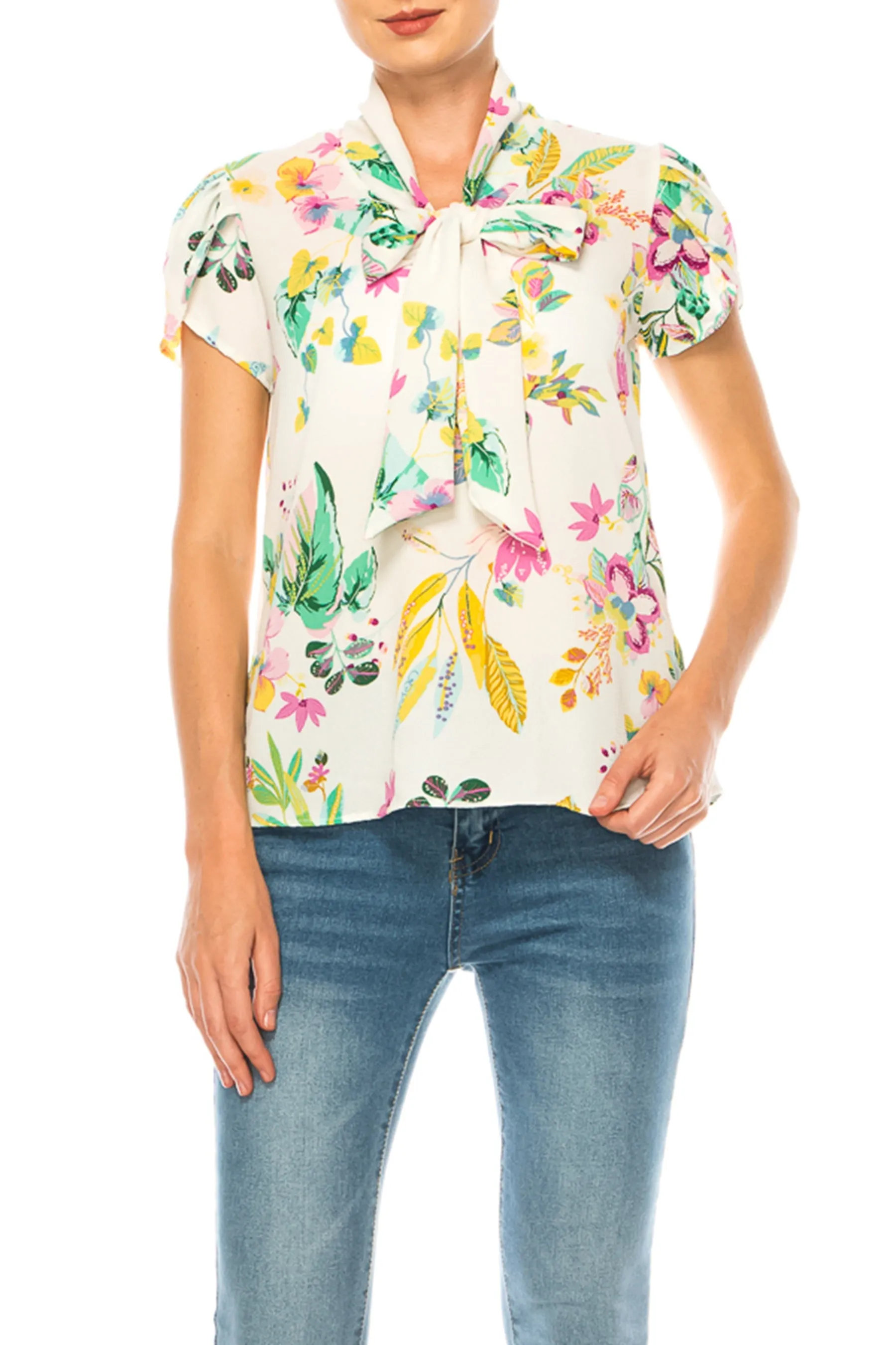 Floral Print Overlapping Short Sleeve Top with Front Tie Collar B2040 $11Each