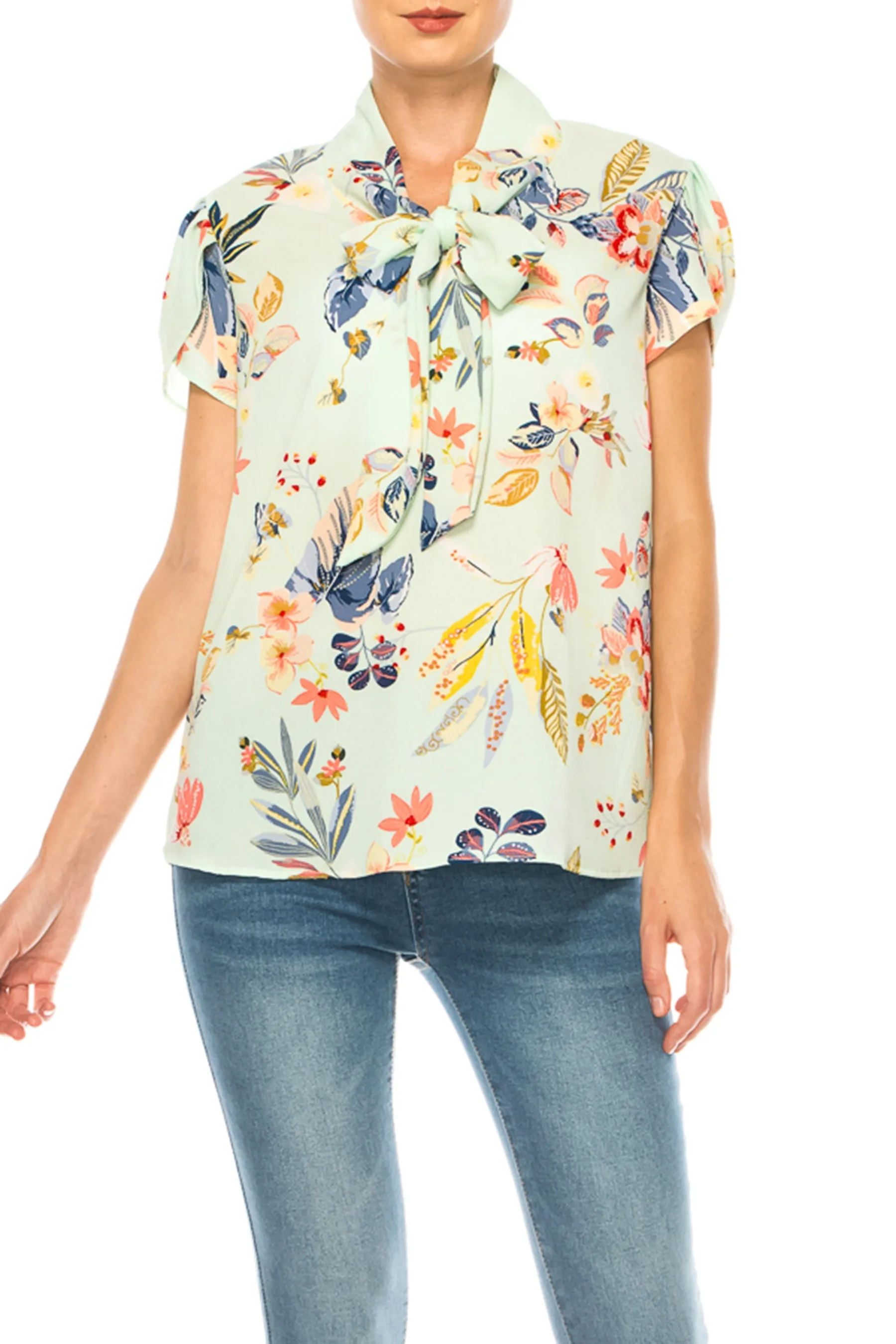Floral Print Overlapping Short Sleeve Top with Front Tie Collar B2040 $11Each