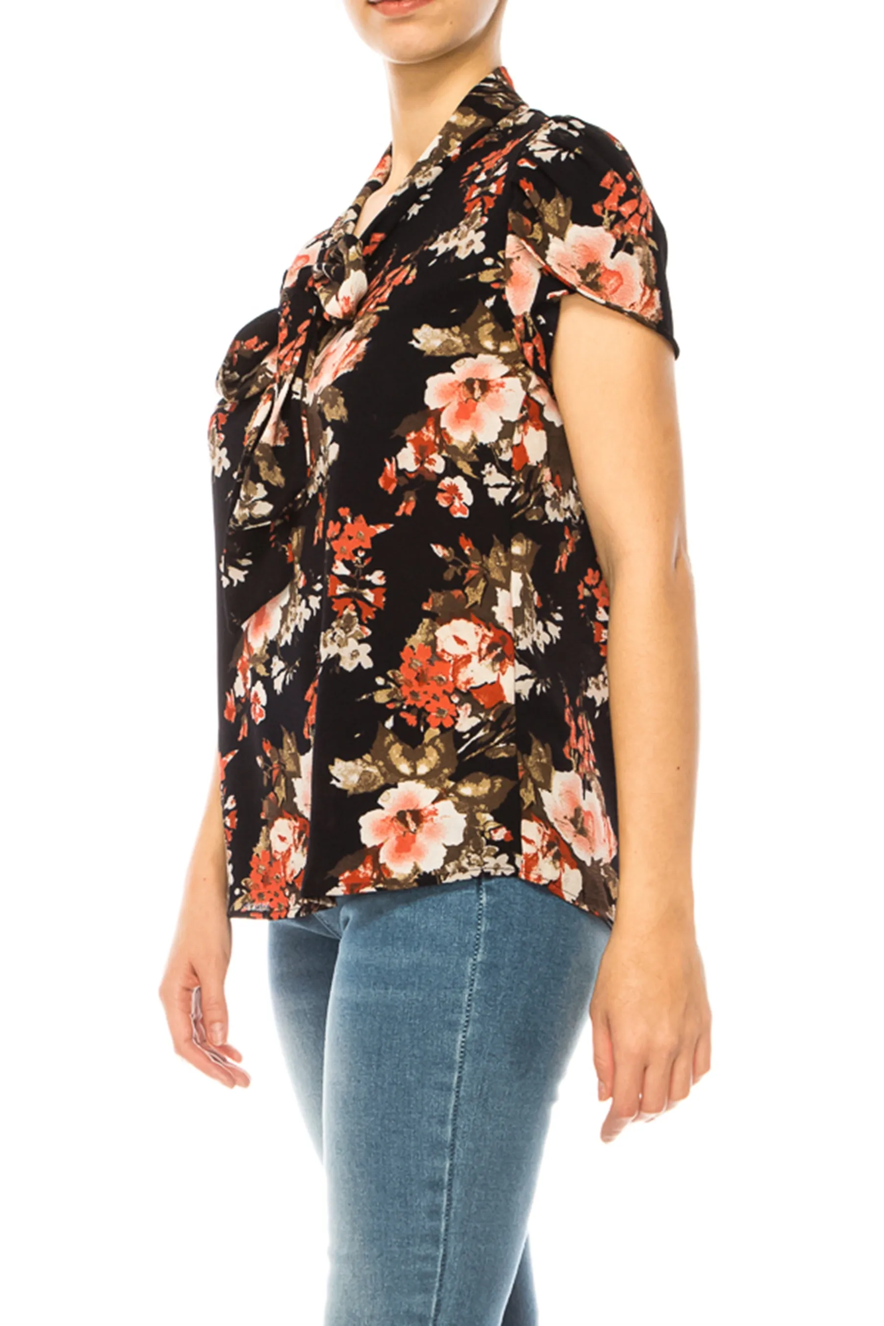 Floral Print Overlapping Short Sleeve Top with Front Tie Collar B2040 $11Each