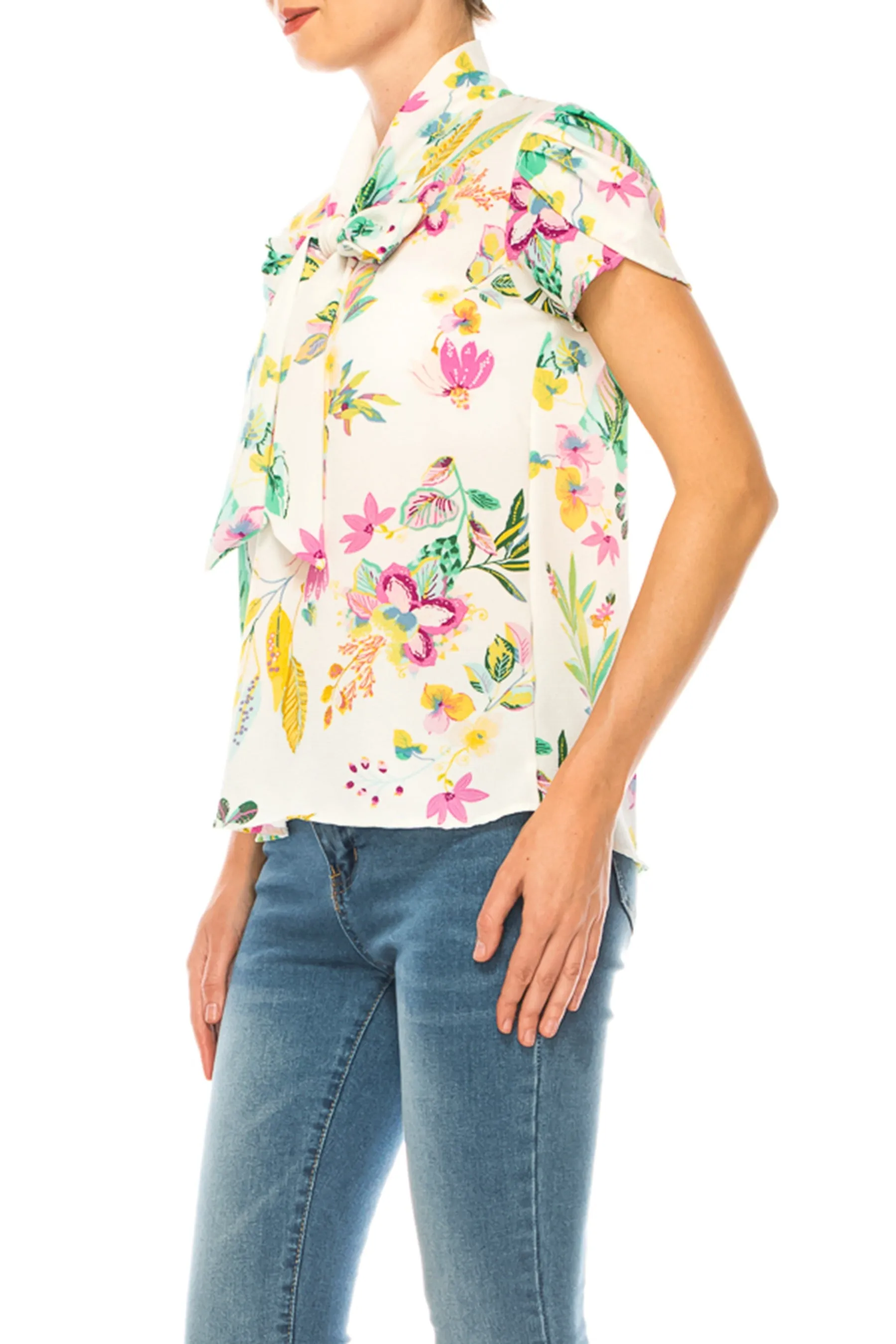 Floral Print Overlapping Short Sleeve Top with Front Tie Collar B2040 $11Each