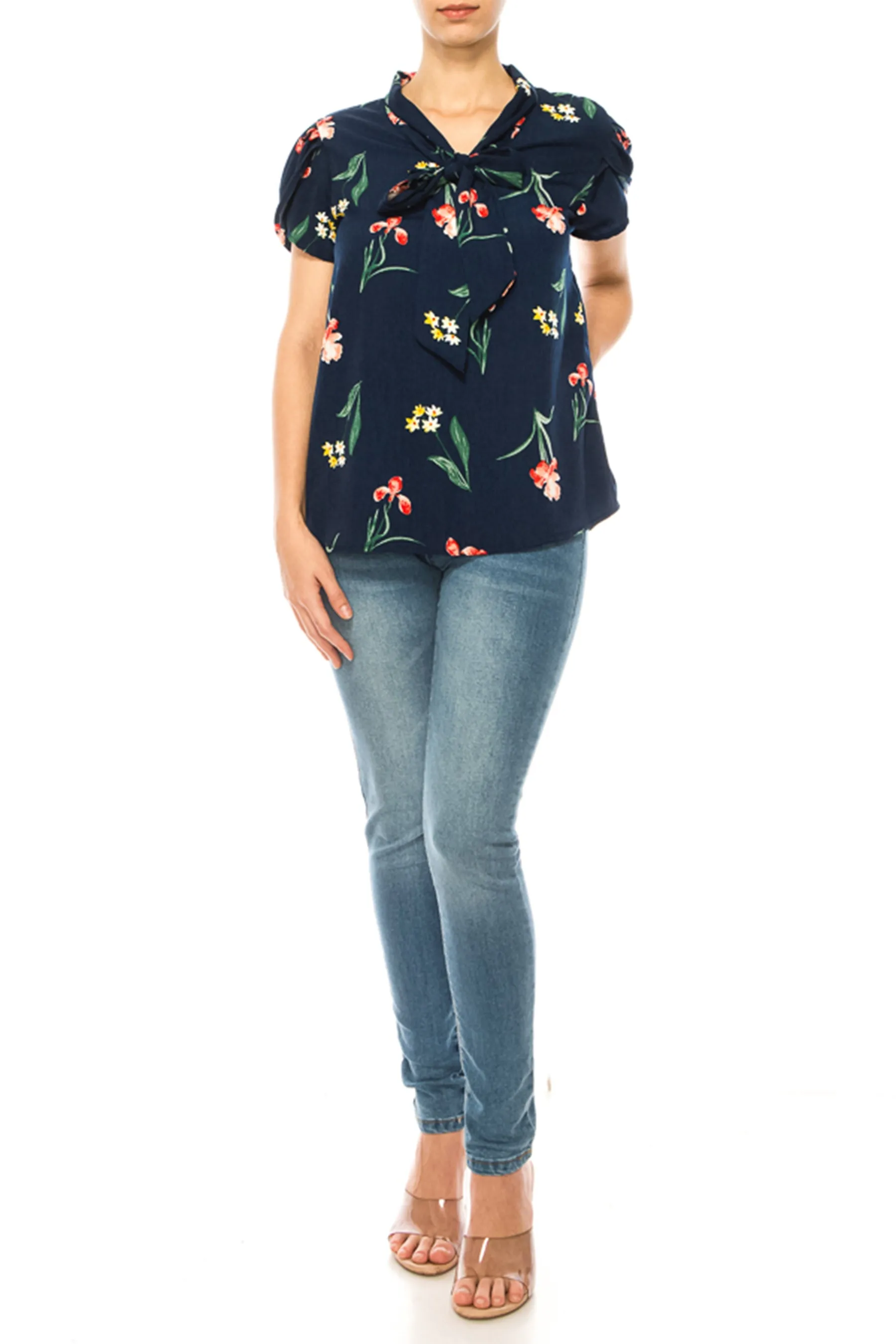 Floral Print Overlapping Short Sleeve Top with Front Tie Collar B2040 $11Each