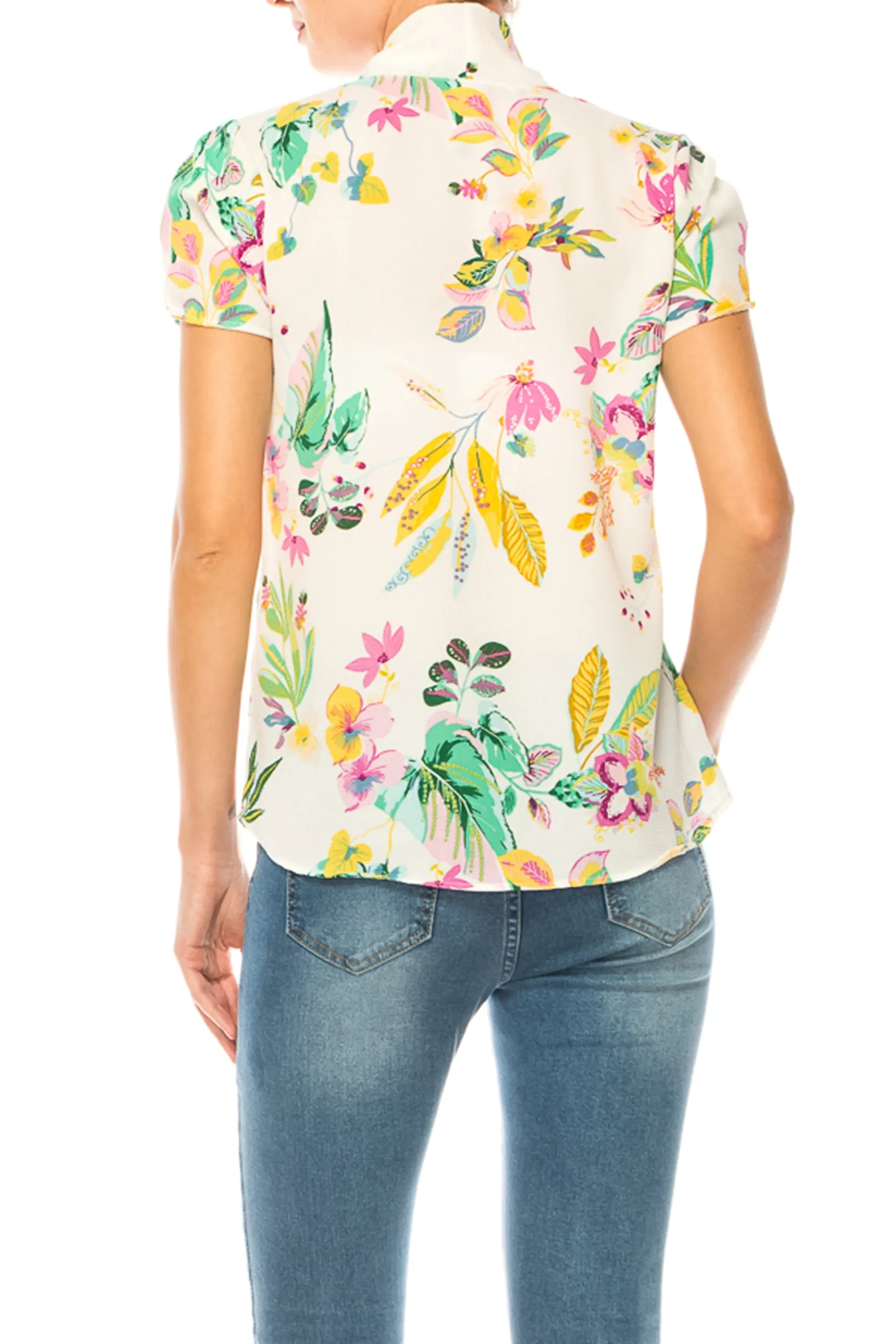 Floral Print Overlapping Short Sleeve Top with Front Tie Collar B2040 $11Each