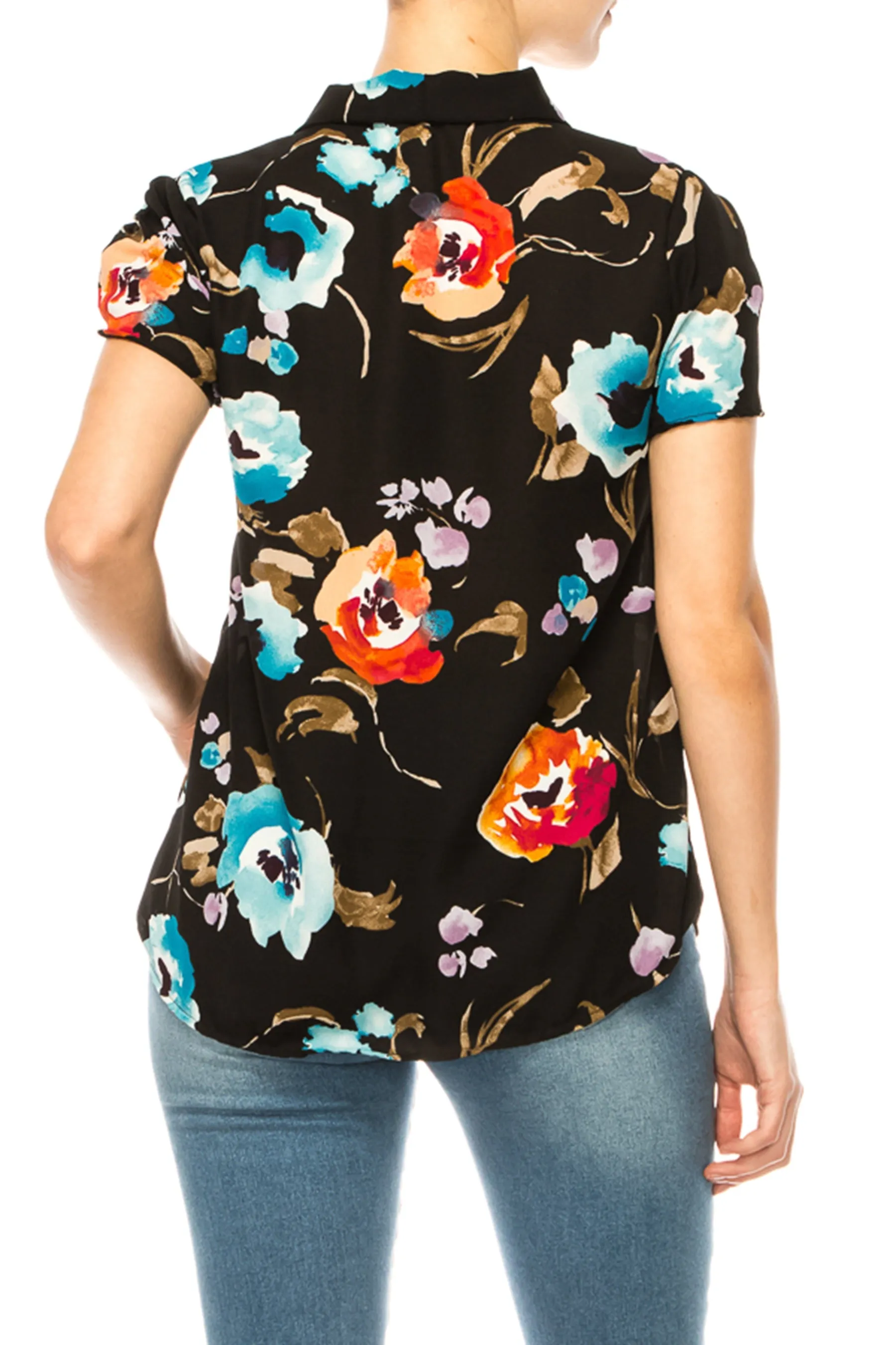 Floral Print Overlapping Short Sleeve Top with Front Tie Collar B2040 $11Each