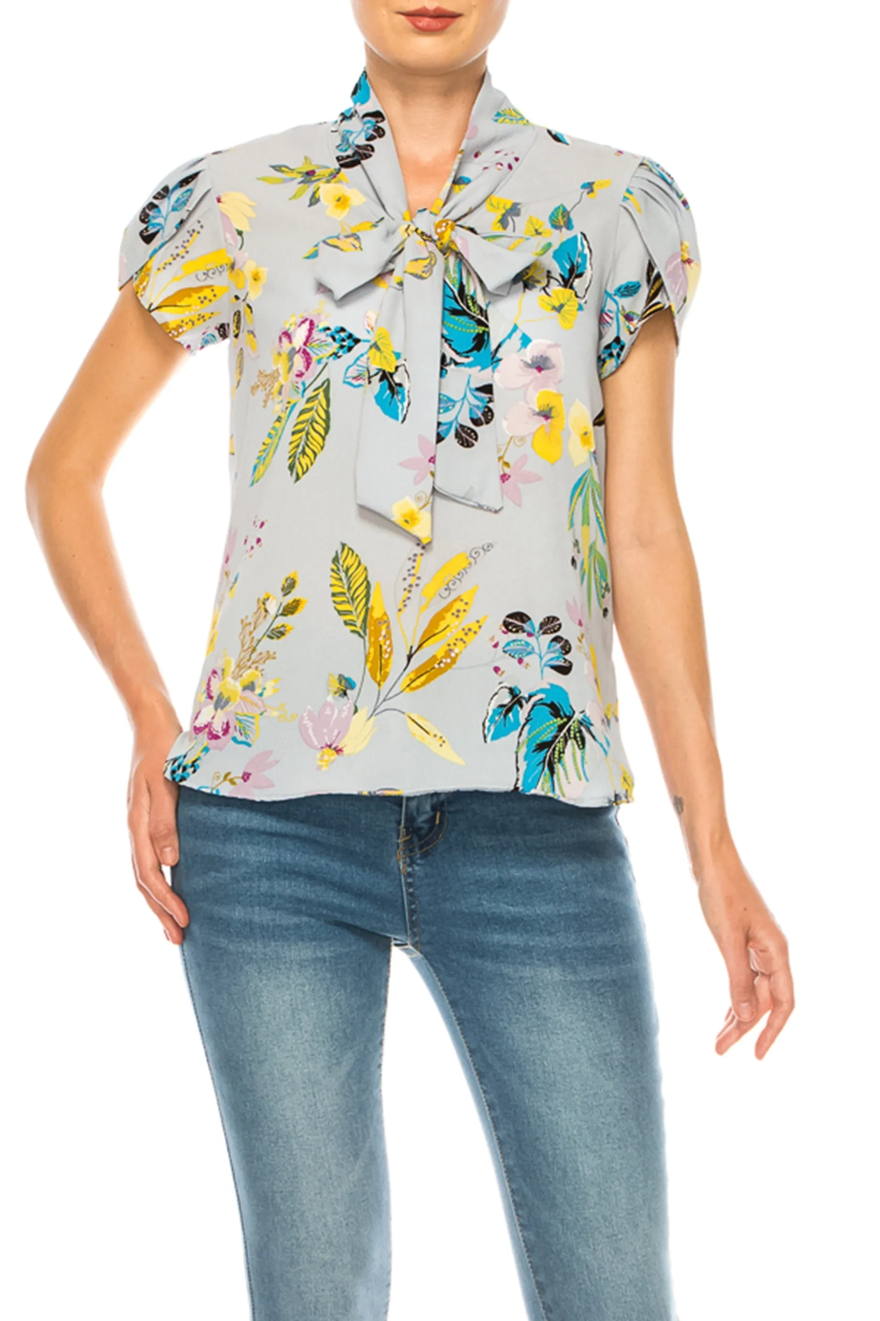 Floral Print Overlapping Short Sleeve Top with Front Tie Collar B2040 $11Each