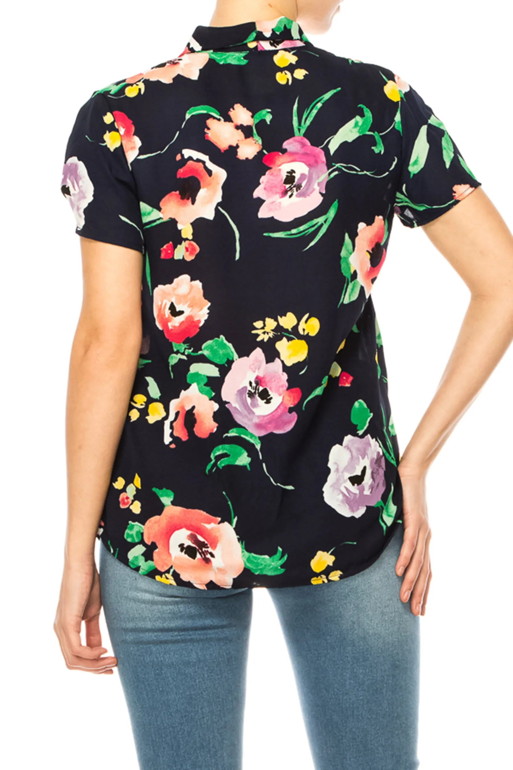 Floral Print Overlapping Short Sleeve Top with Front Tie Collar B2040 $11Each