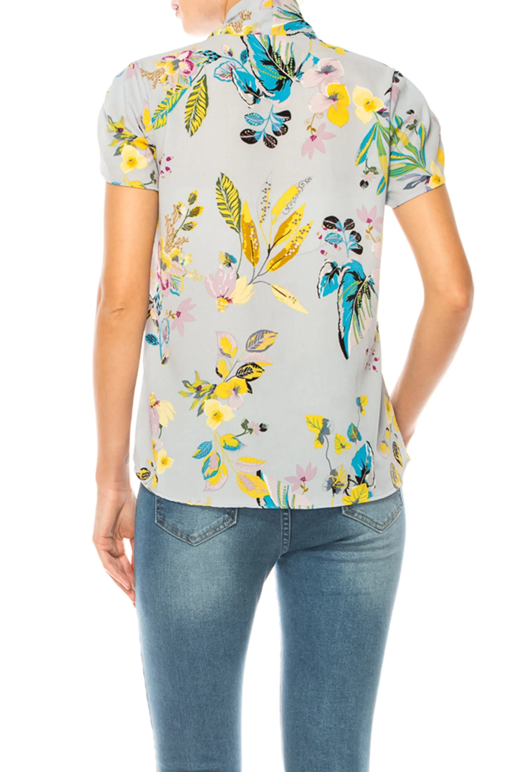 Floral Print Overlapping Short Sleeve Top with Front Tie Collar B2040 $11Each
