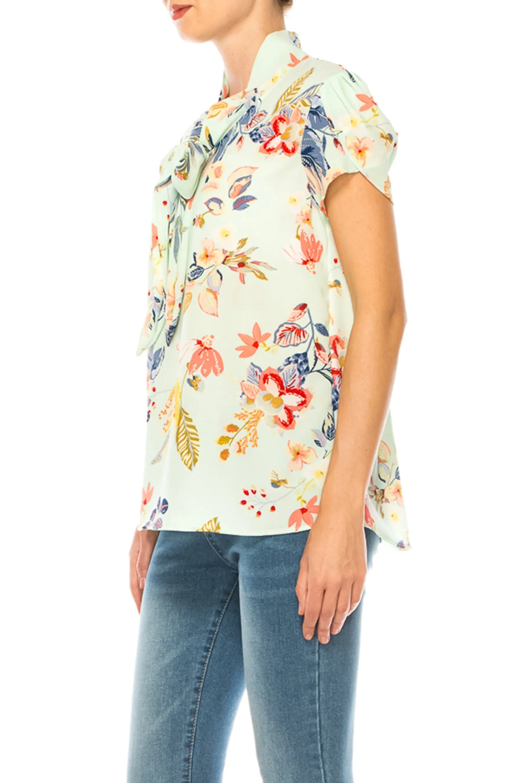 Floral Print Overlapping Short Sleeve Top with Front Tie Collar B2040 $11Each