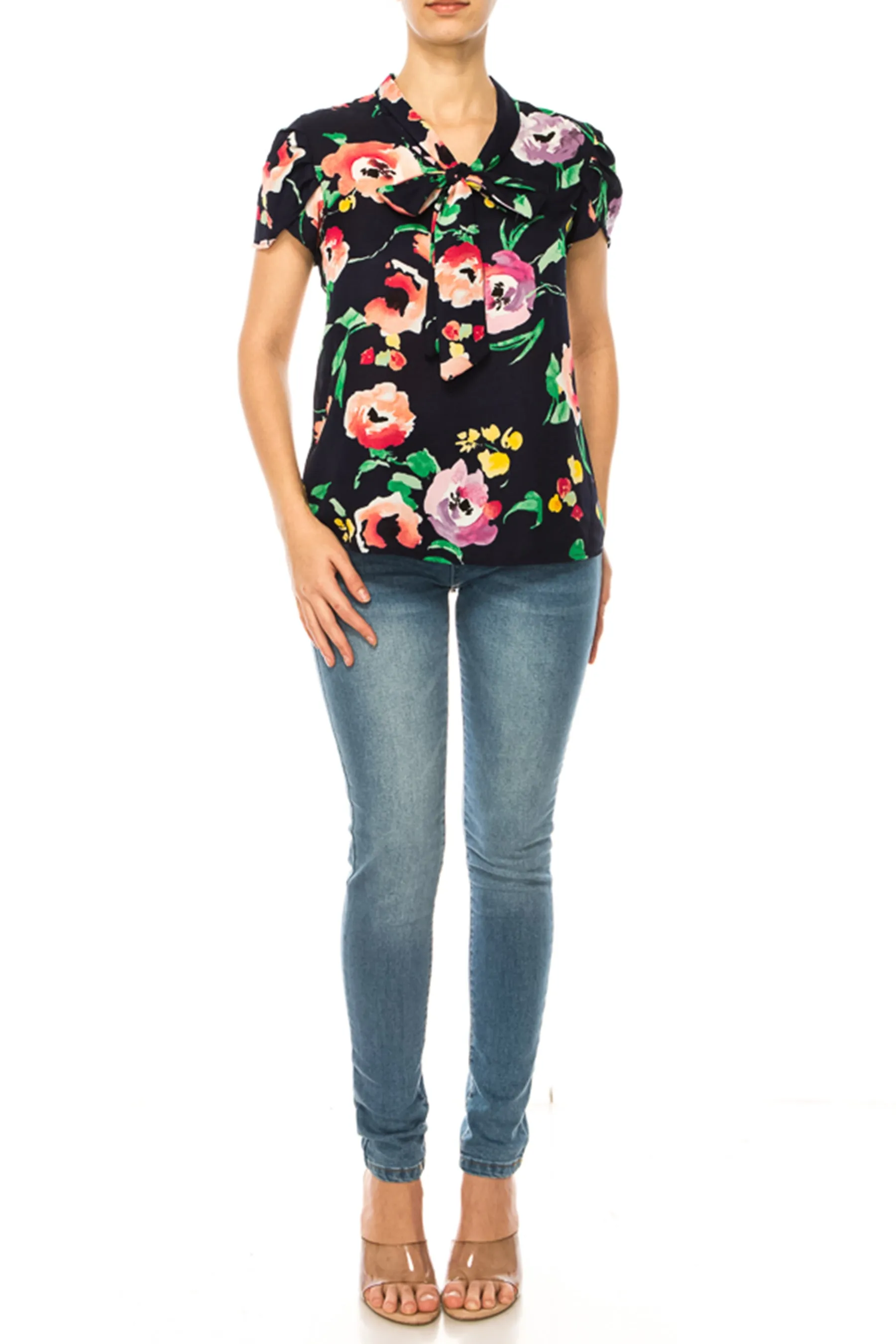 Floral Print Overlapping Short Sleeve Top with Front Tie Collar B2040 $11Each