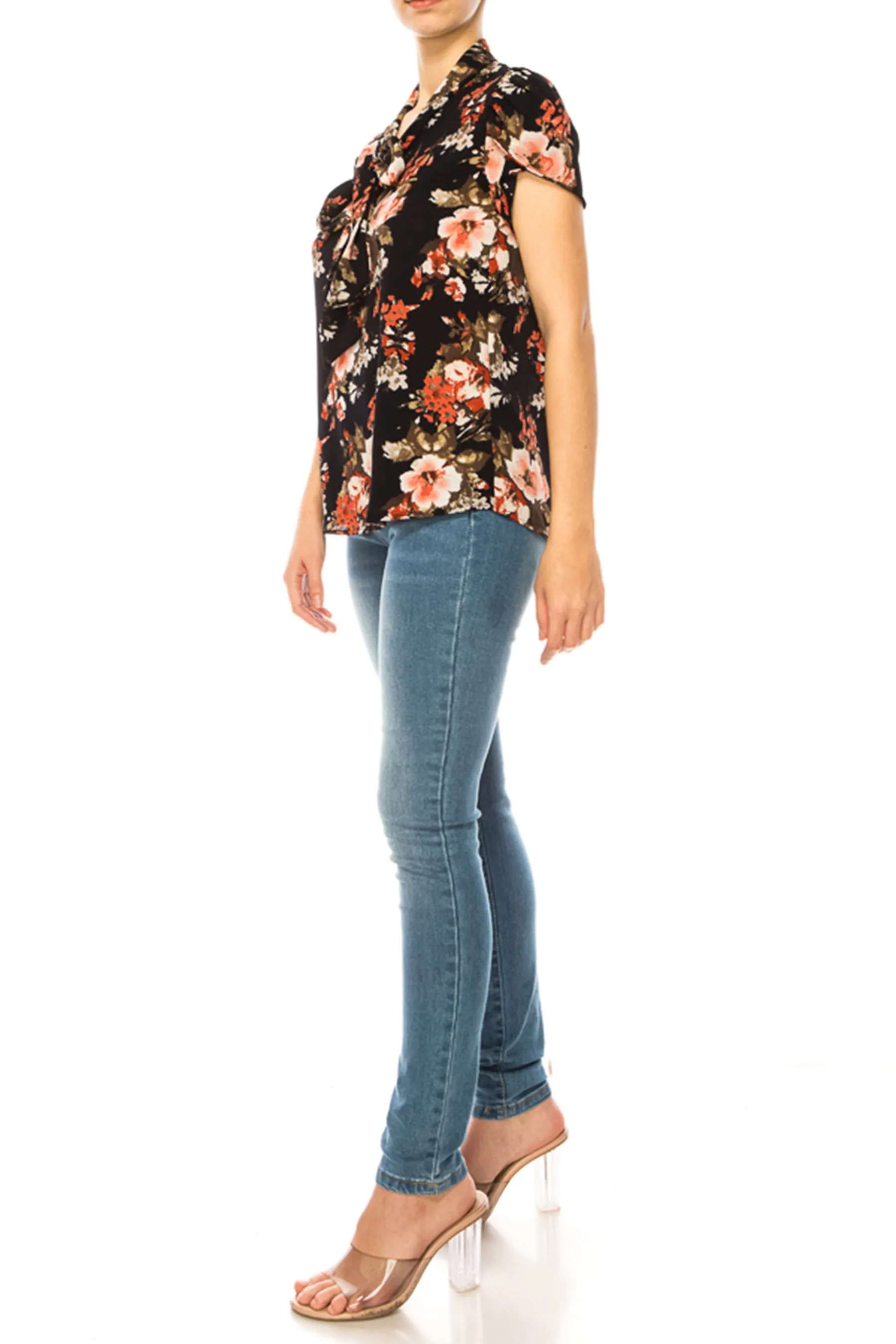 Floral Print Overlapping Short Sleeve Top with Front Tie Collar B2040 $11Each