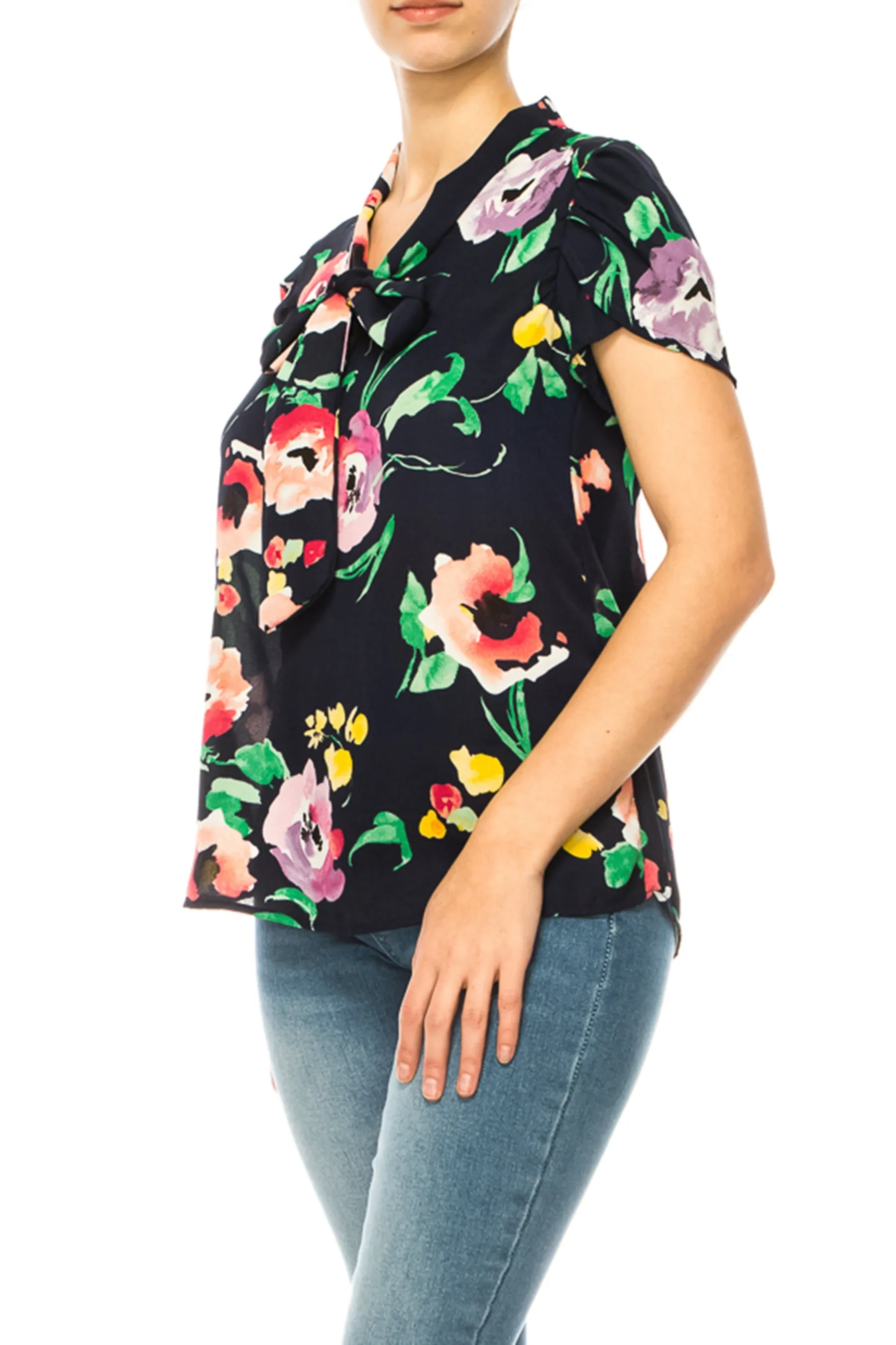 Floral Print Overlapping Short Sleeve Top with Front Tie Collar B2040 $11Each