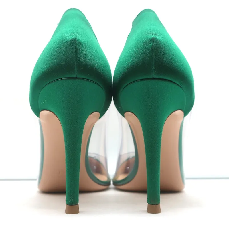 Gianvito Rossi Plexi Pumps Green Satin & Clear PVC Size 37.5 Pointed Toe Heels
