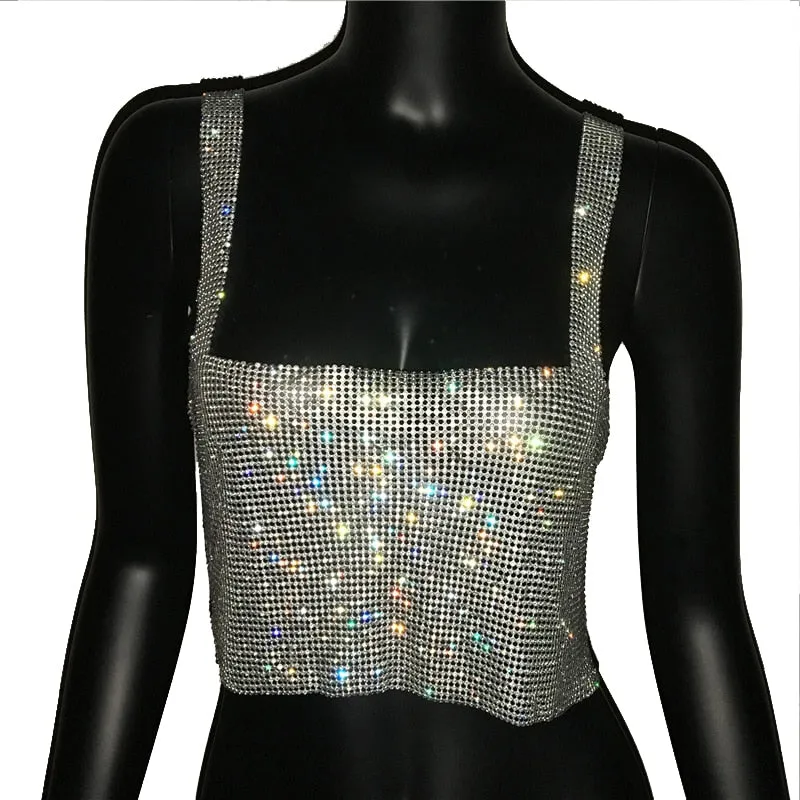 Glitter Backless Rhinestone Top Crystal Diamonds Sequin Crop Top
