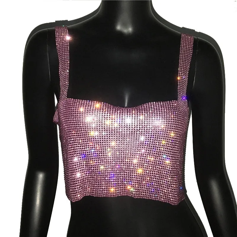 Glitter Backless Rhinestone Top Crystal Diamonds Sequin Crop Top