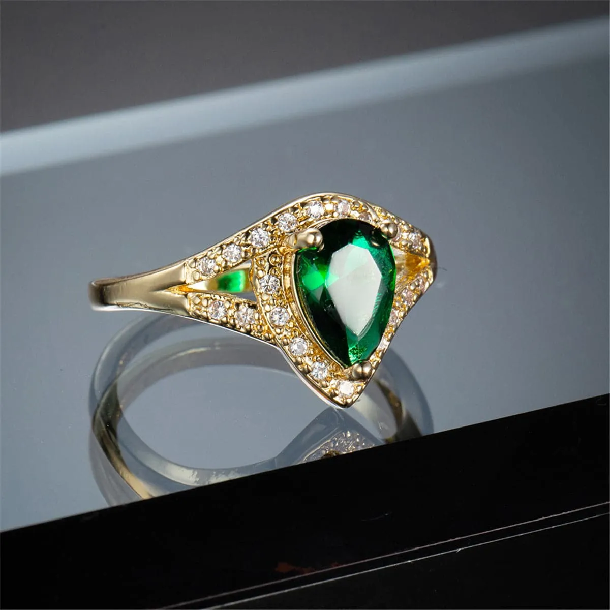 Green Crystal & Cubic Zirconia Pear-Cut Ring
