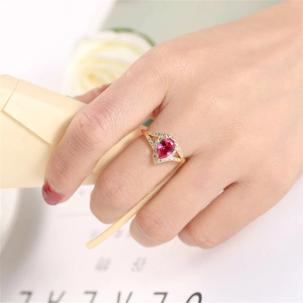 Green Crystal & Cubic Zirconia Pear-Cut Ring