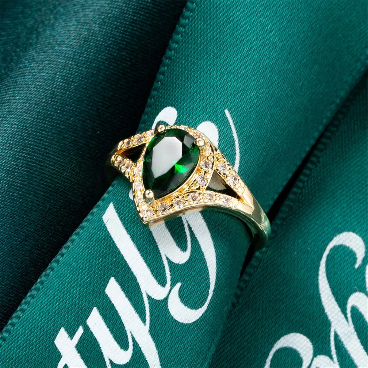 Green Crystal & Cubic Zirconia Pear-Cut Ring
