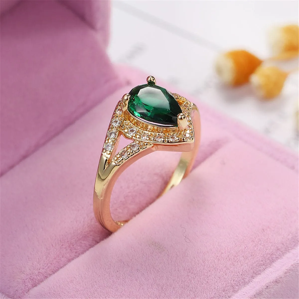 Green Crystal & Cubic Zirconia Pear-Cut Ring