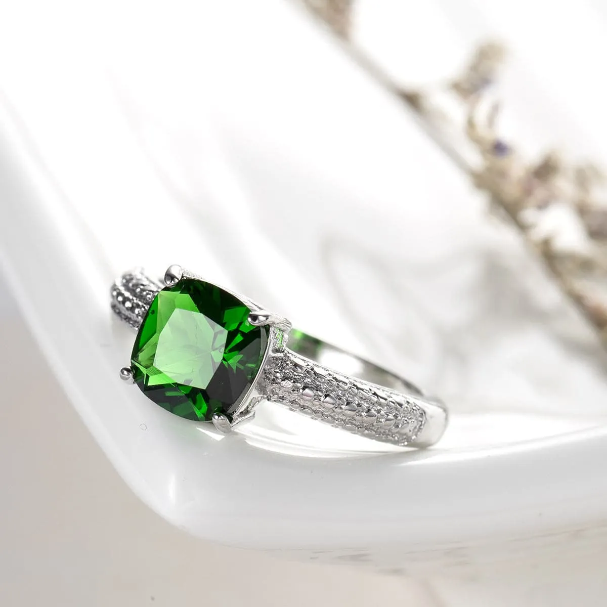 Green Crystal & Silver-Plated Cushion-Cut Cocktail Ring
