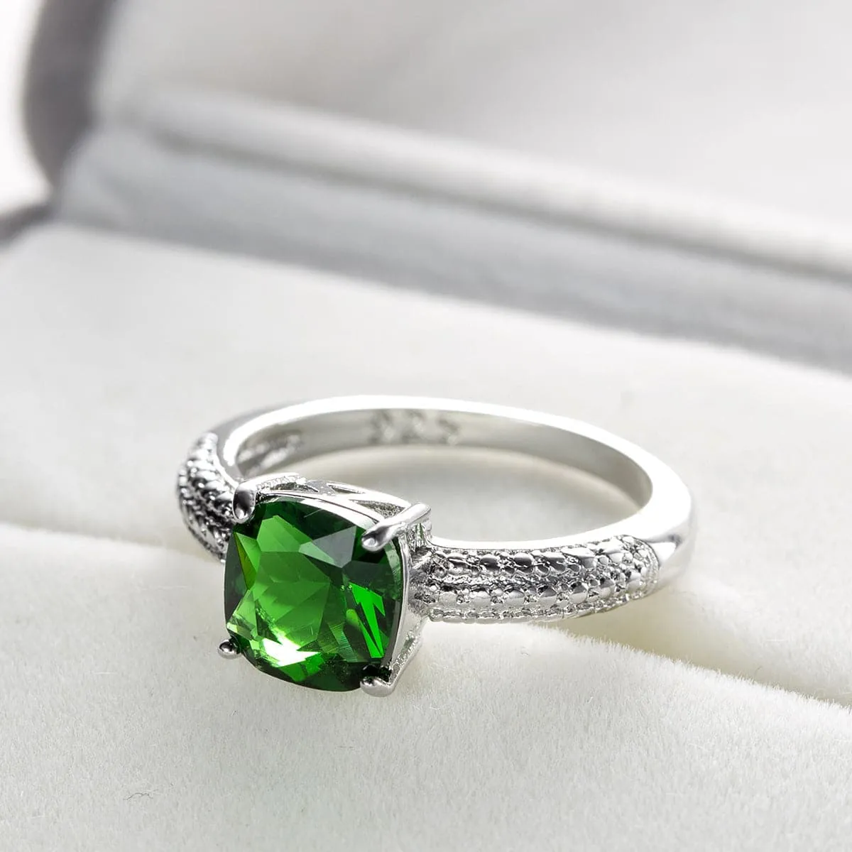 Green Crystal & Silver-Plated Cushion-Cut Cocktail Ring