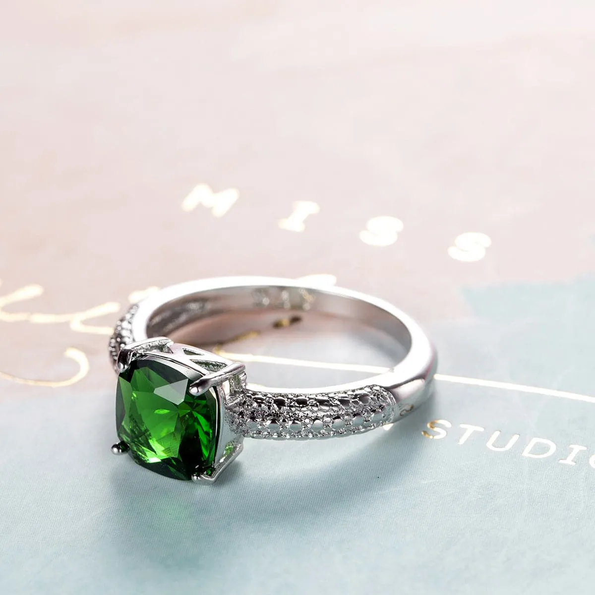Green Crystal & Silver-Plated Cushion-Cut Cocktail Ring