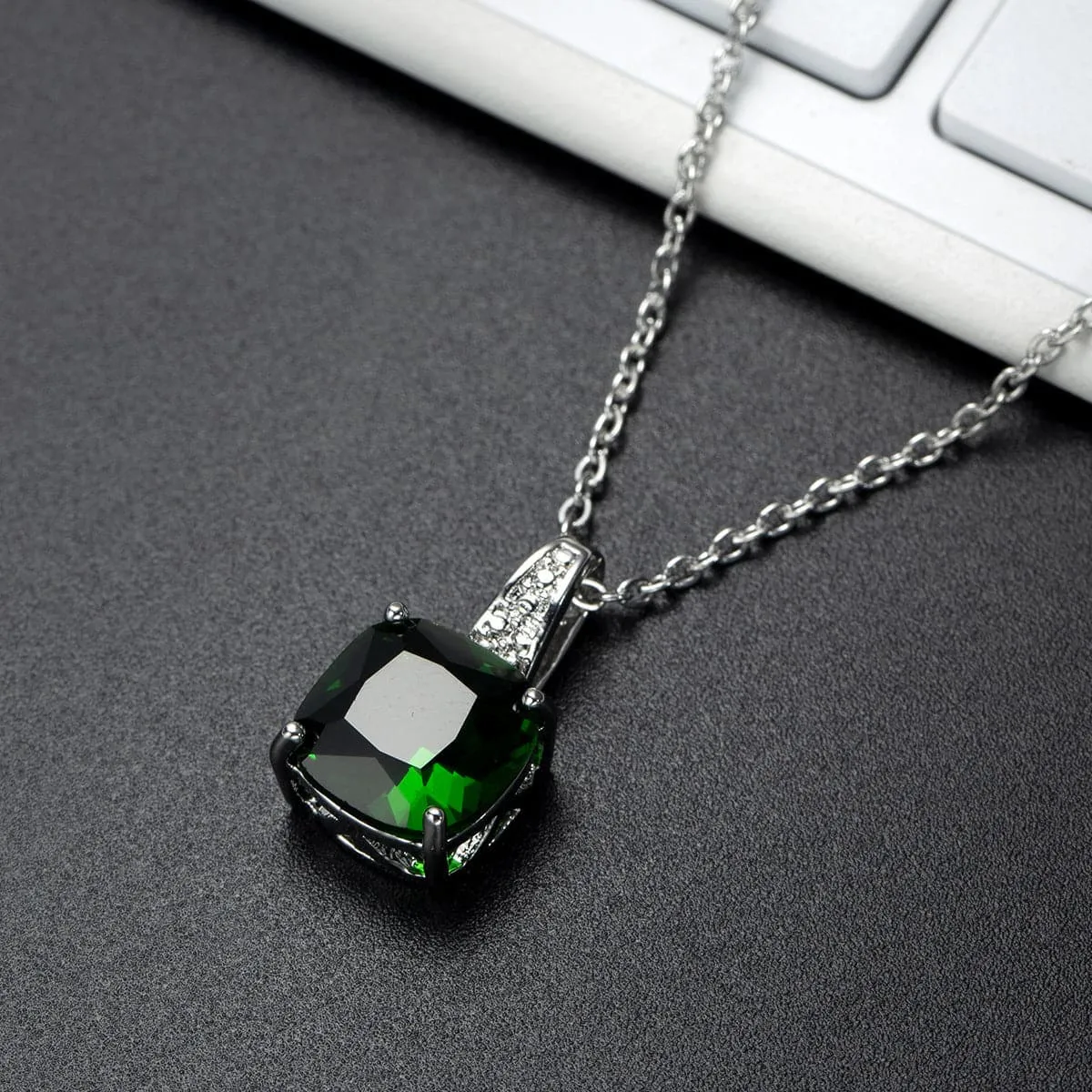 Green Crystal & Silver-Plated Cushion-Cut Pendant Necklace