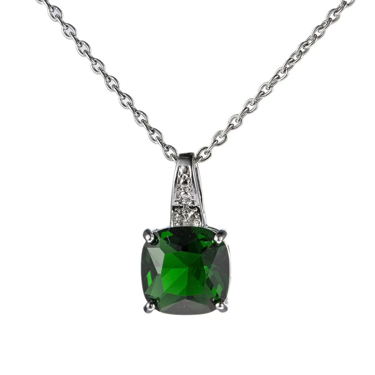 Green Crystal & Silver-Plated Cushion-Cut Pendant Necklace