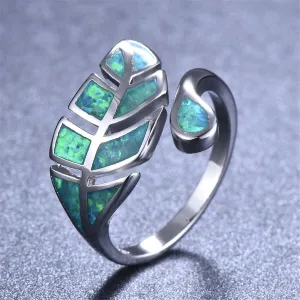 Green Opal & Silver-Plated Leaf Bypass Ring