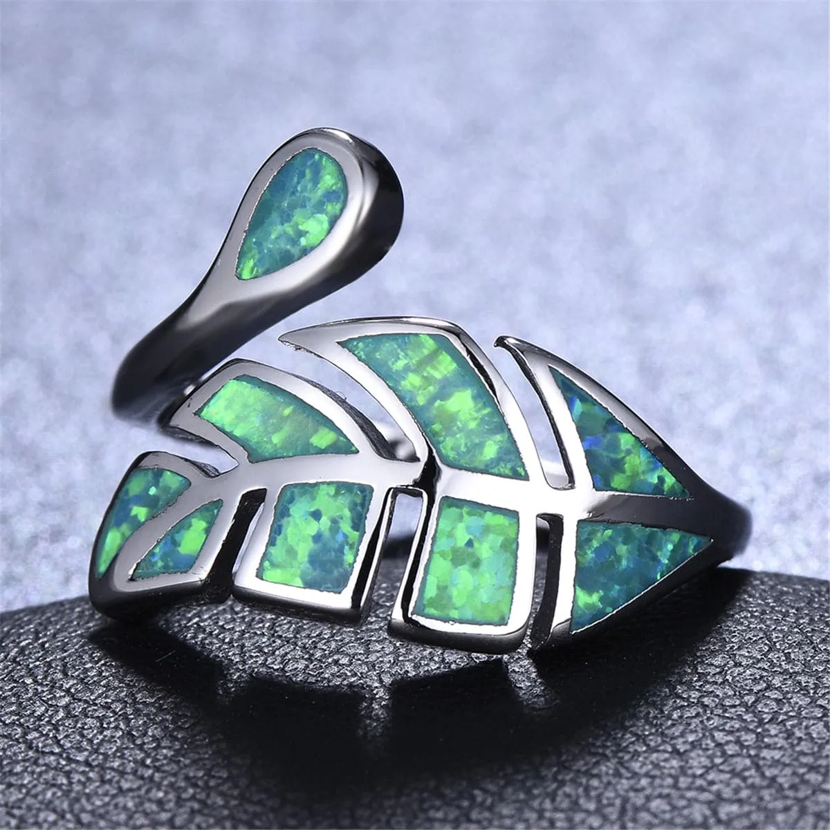 Green Opal & Silver-Plated Leaf Bypass Ring