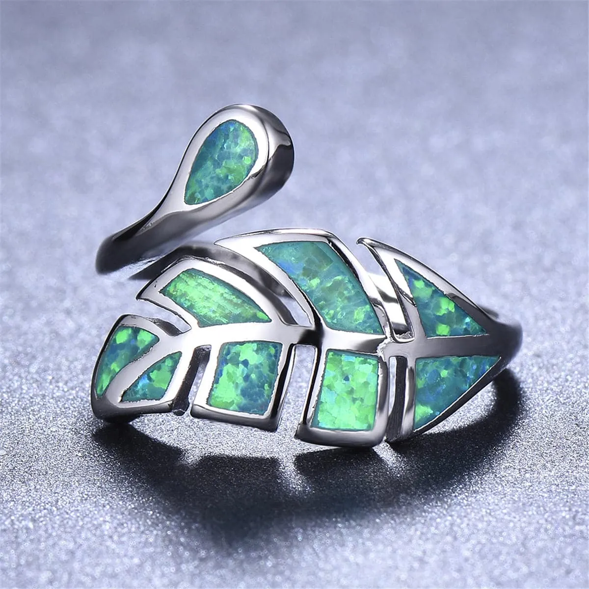 Green Opal & Silver-Plated Leaf Bypass Ring