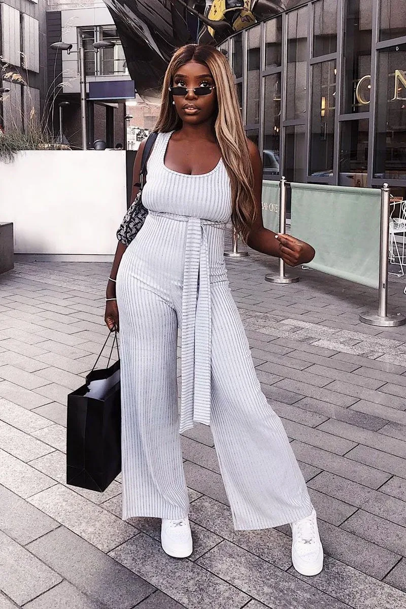 Grey Ribbed Zip Back Belted Jumpsuit - Indiya