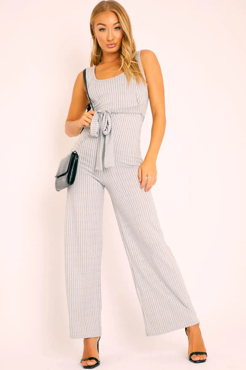 Grey Ribbed Zip Back Belted Jumpsuit - Indiya
