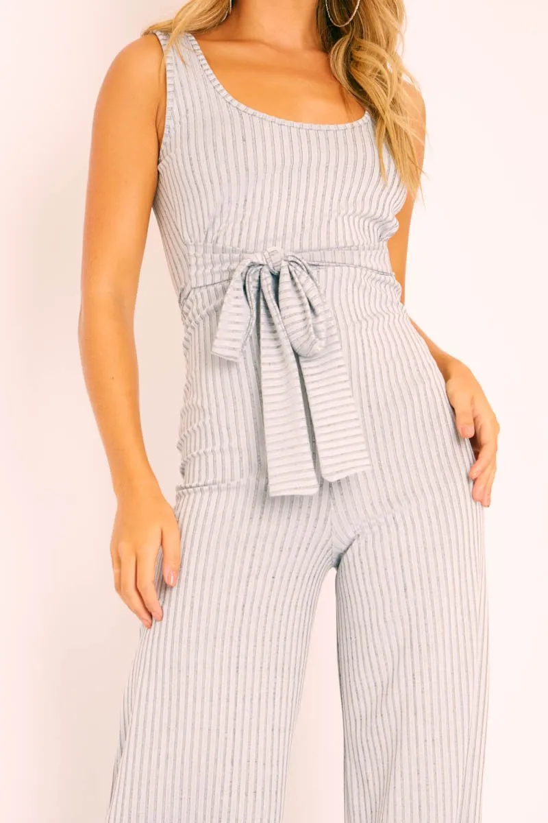Grey Ribbed Zip Back Belted Jumpsuit - Indiya