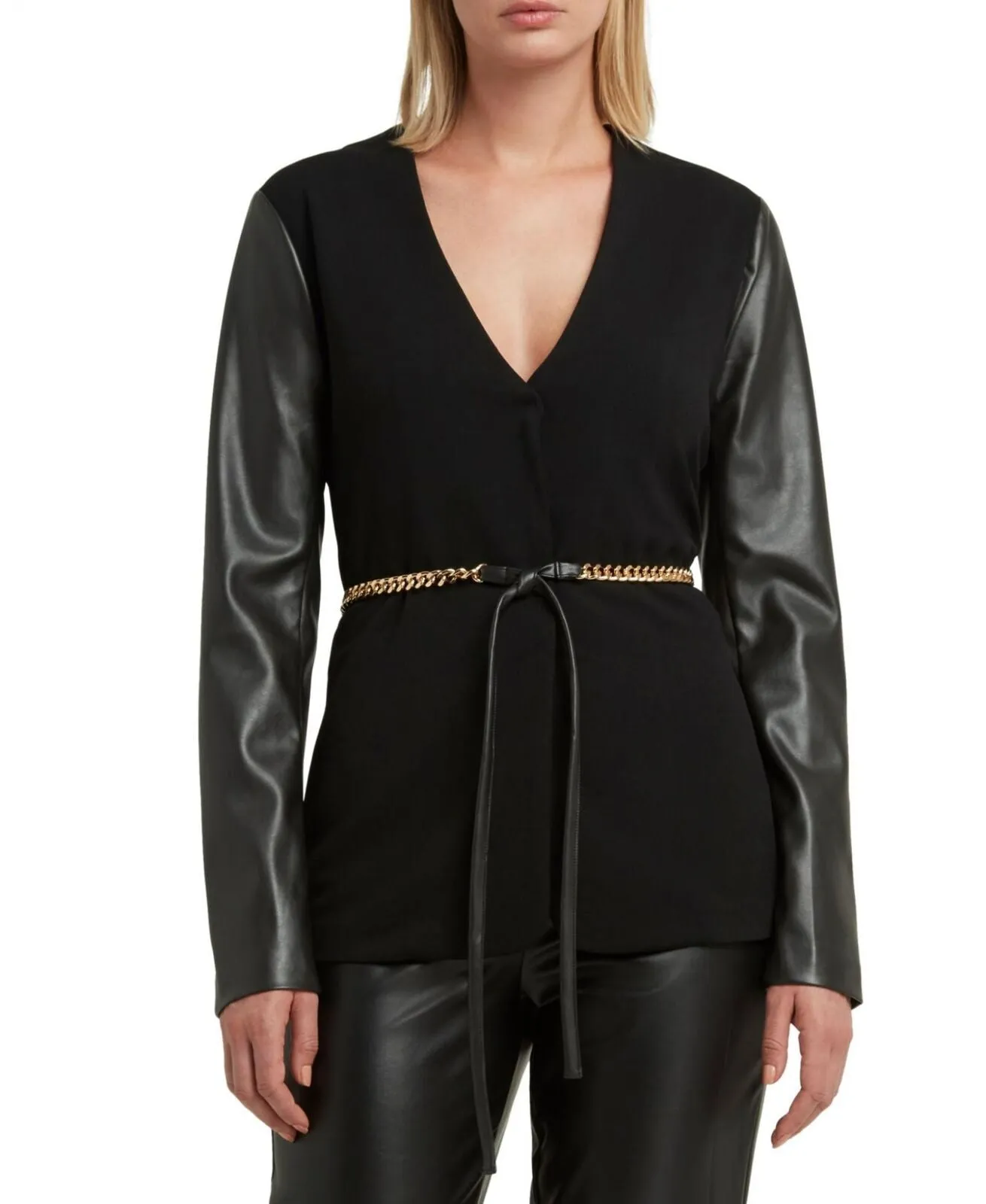 H Halston Women's Collarless Faux-Leather-Sleeve Belted Blazer Jacket Black L