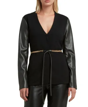 H Halston Women's Collarless Faux-Leather-Sleeve Belted Blazer Jacket Black L