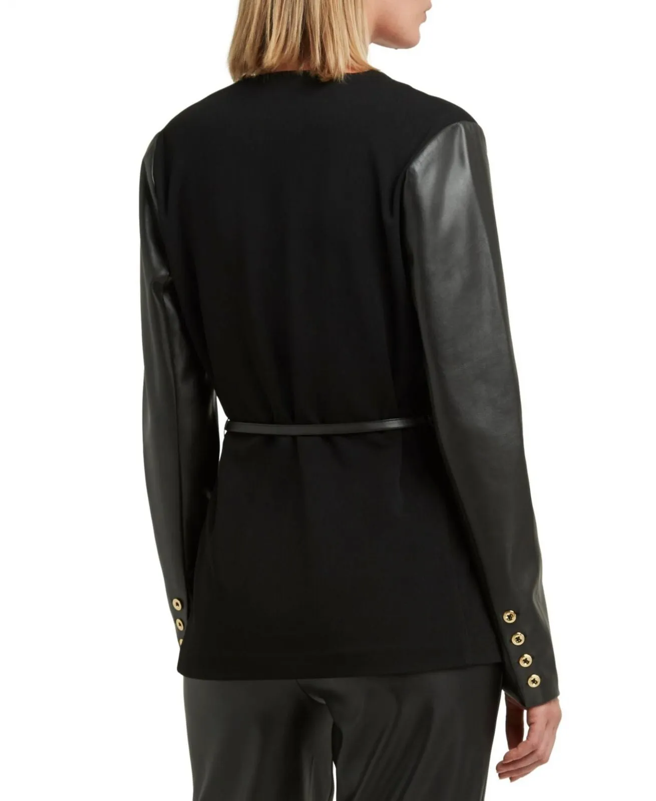 H Halston Women's Collarless Faux-Leather-Sleeve Belted Blazer Jacket Black L