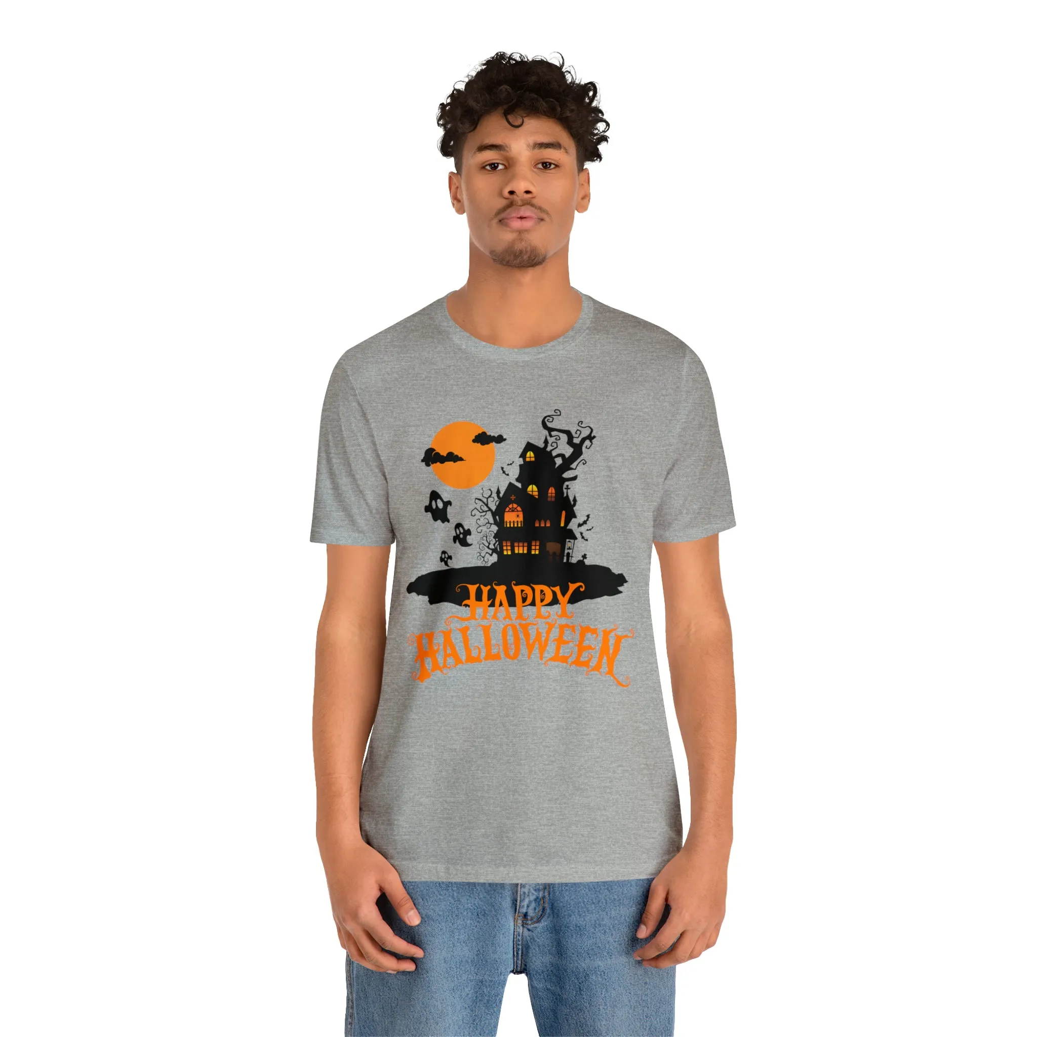 Happy Halloween Haunted House with Bats T-Shirt | Orange and Black Scary Tee |  Bella Canvas 3001Unisex | Creepy Short Sleeve Tshirt