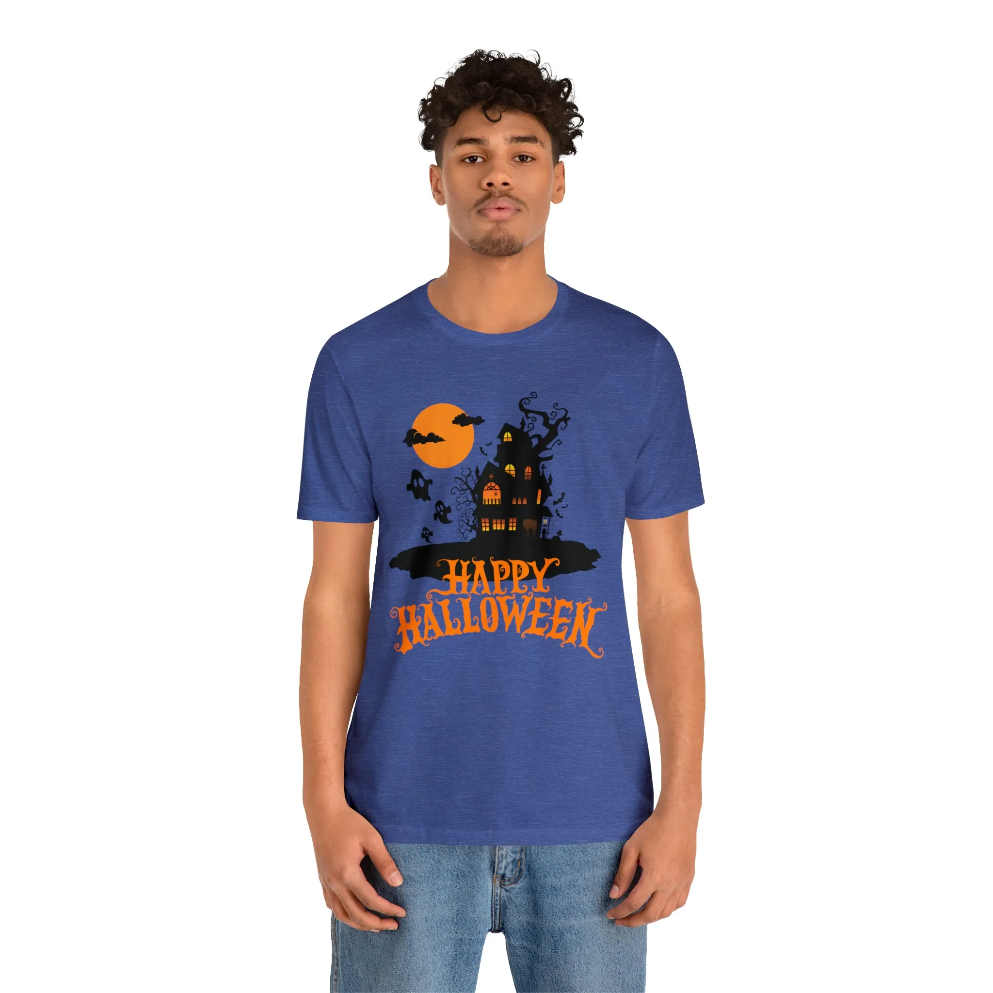 Happy Halloween Haunted House with Bats T-Shirt | Orange and Black Scary Tee |  Bella Canvas 3001Unisex | Creepy Short Sleeve Tshirt