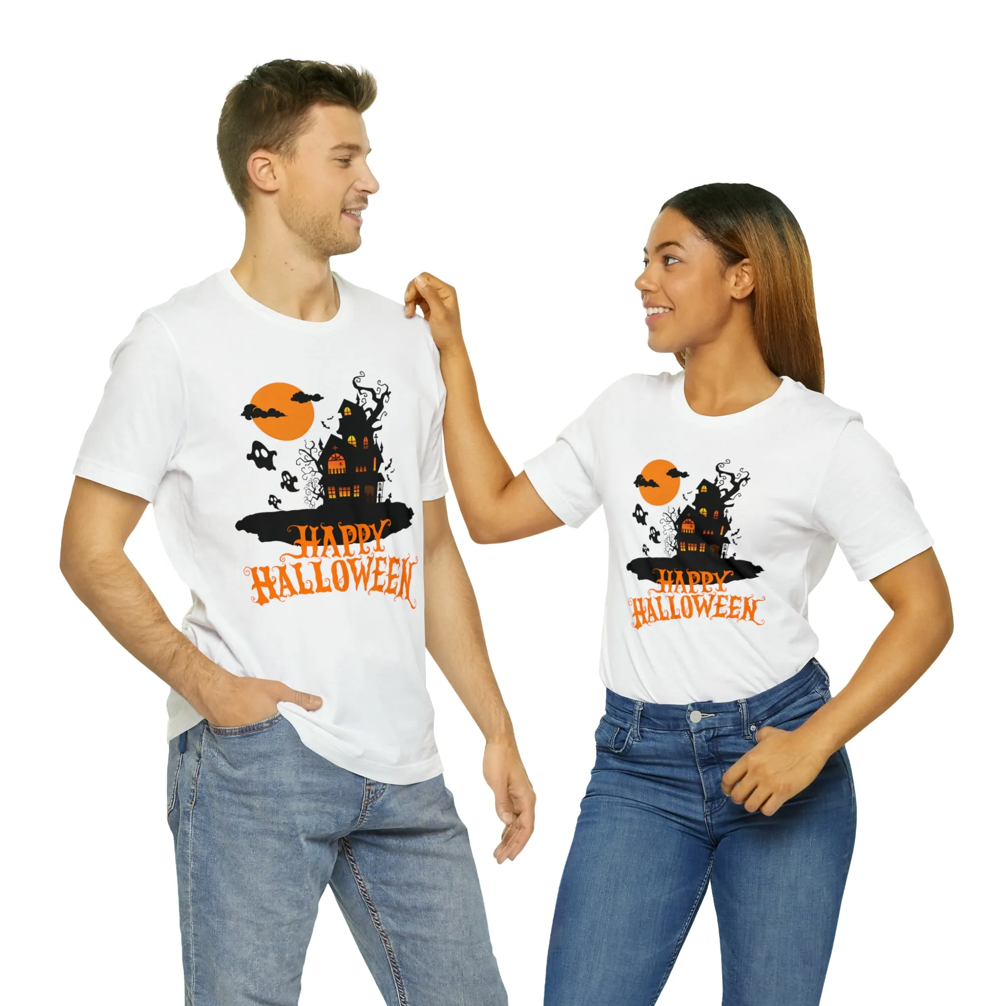 Happy Halloween Haunted House with Bats T-Shirt | Orange and Black Scary Tee |  Bella Canvas 3001Unisex | Creepy Short Sleeve Tshirt