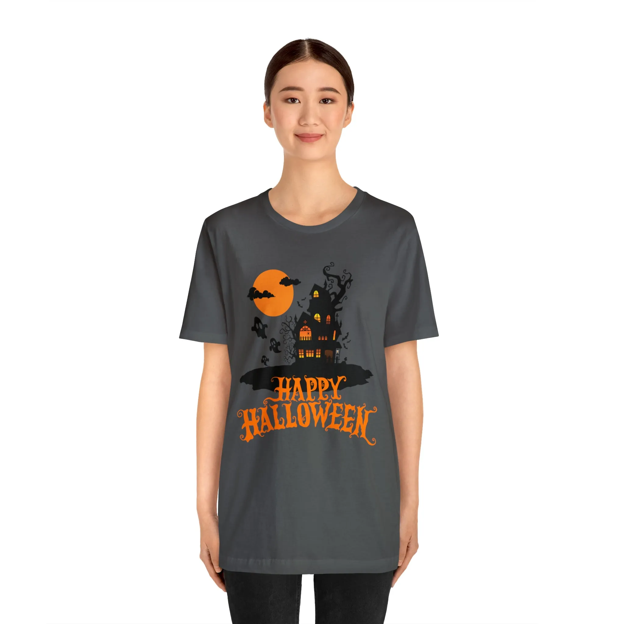Happy Halloween Haunted House with Bats T-Shirt | Orange and Black Scary Tee |  Bella Canvas 3001Unisex | Creepy Short Sleeve Tshirt