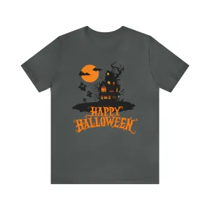 Happy Halloween Haunted House with Bats T-Shirt | Orange and Black Scary Tee |  Bella Canvas 3001Unisex | Creepy Short Sleeve Tshirt