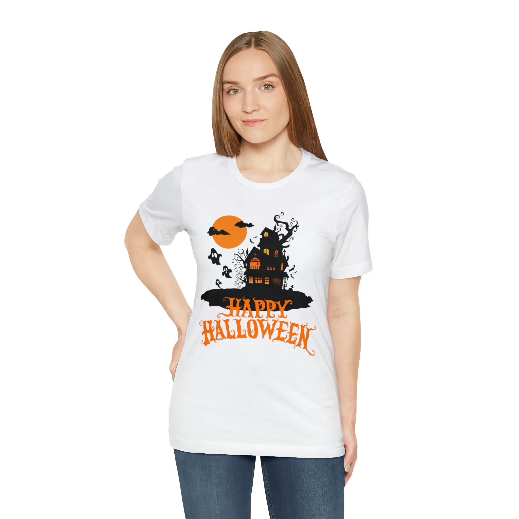 Happy Halloween Haunted House with Bats T-Shirt | Orange and Black Scary Tee |  Bella Canvas 3001Unisex | Creepy Short Sleeve Tshirt