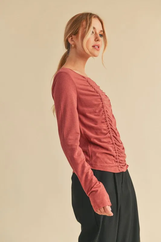 Hazel Blues® |  Aemi Co Ruched Front Round Neck Long Sleeve T-Shirt