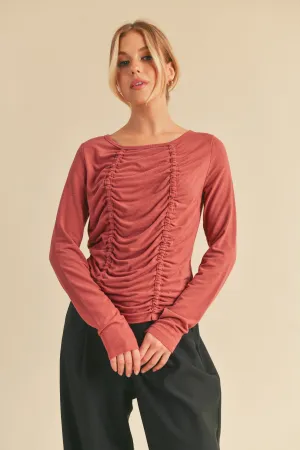 Hazel Blues® |  Aemi Co Ruched Front Round Neck Long Sleeve T-Shirt