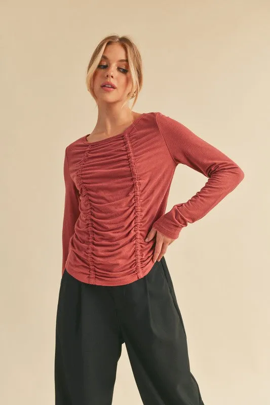 Hazel Blues® |  Aemi Co Ruched Front Round Neck Long Sleeve T-Shirt