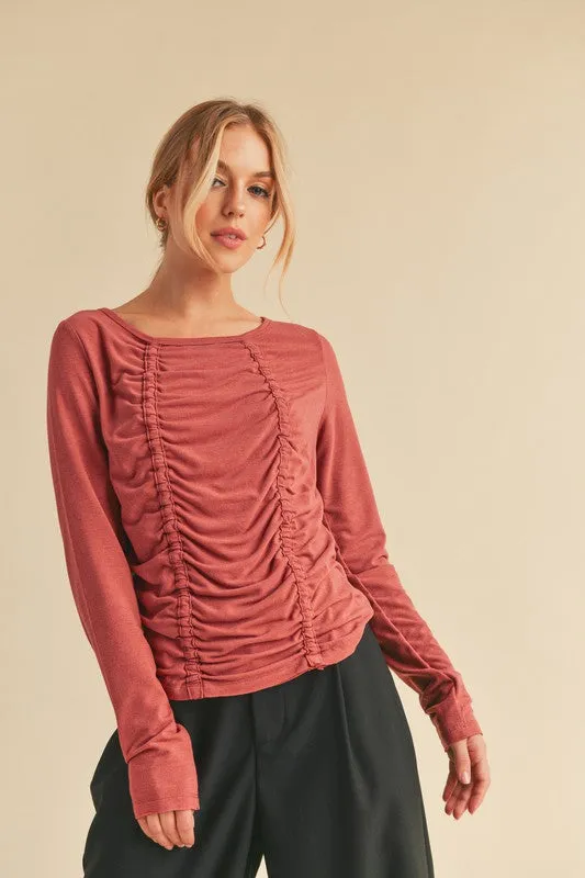 Hazel Blues® |  Aemi Co Ruched Front Round Neck Long Sleeve T-Shirt