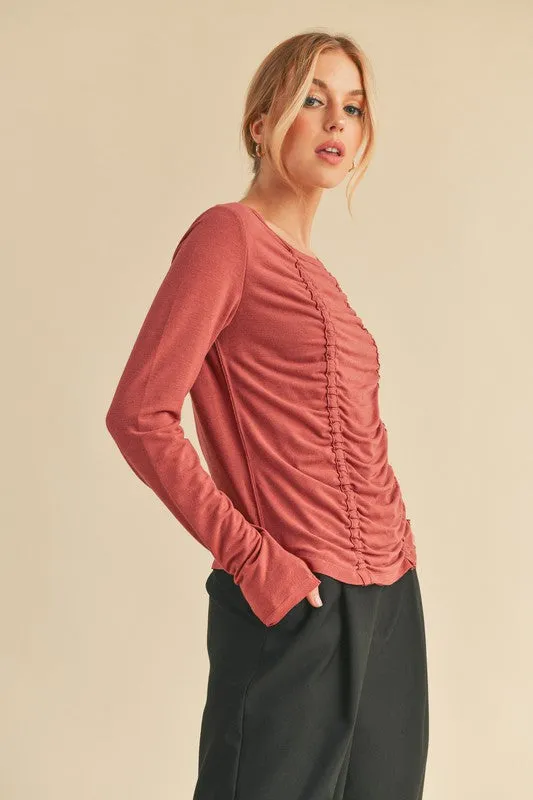 Hazel Blues® |  Aemi Co Ruched Front Round Neck Long Sleeve T-Shirt