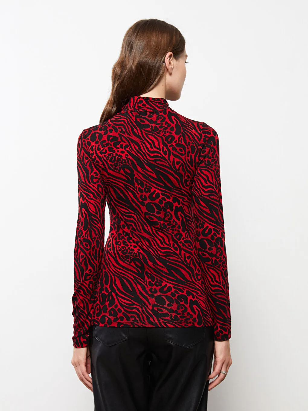 High Collar Patterned Long Sleeve Crepe Women's T-Shirt