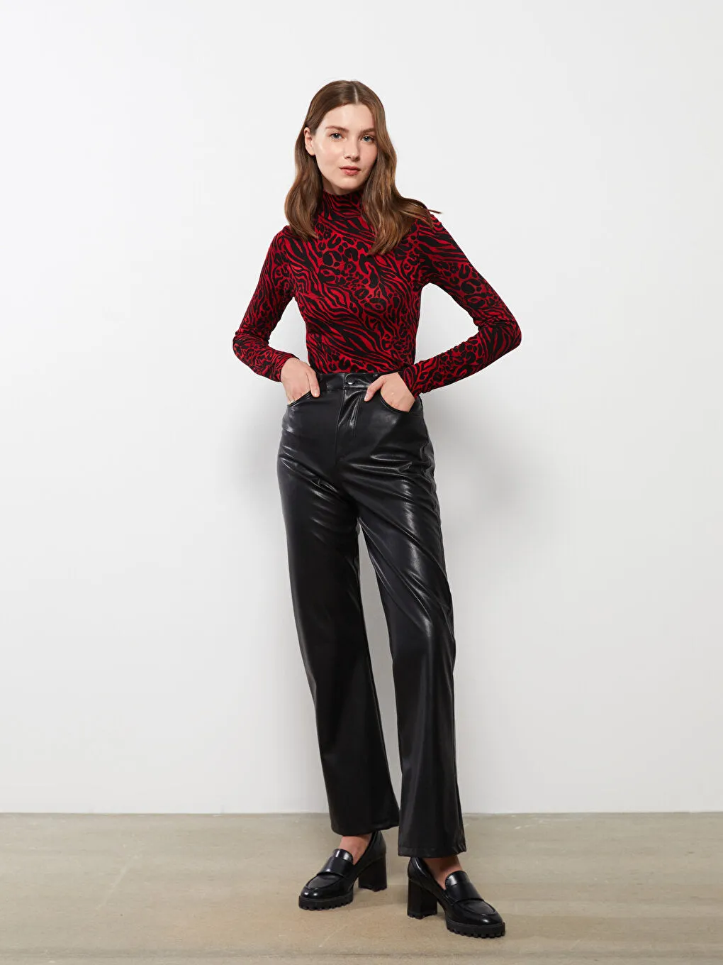 High Collar Patterned Long Sleeve Crepe Women's T-Shirt