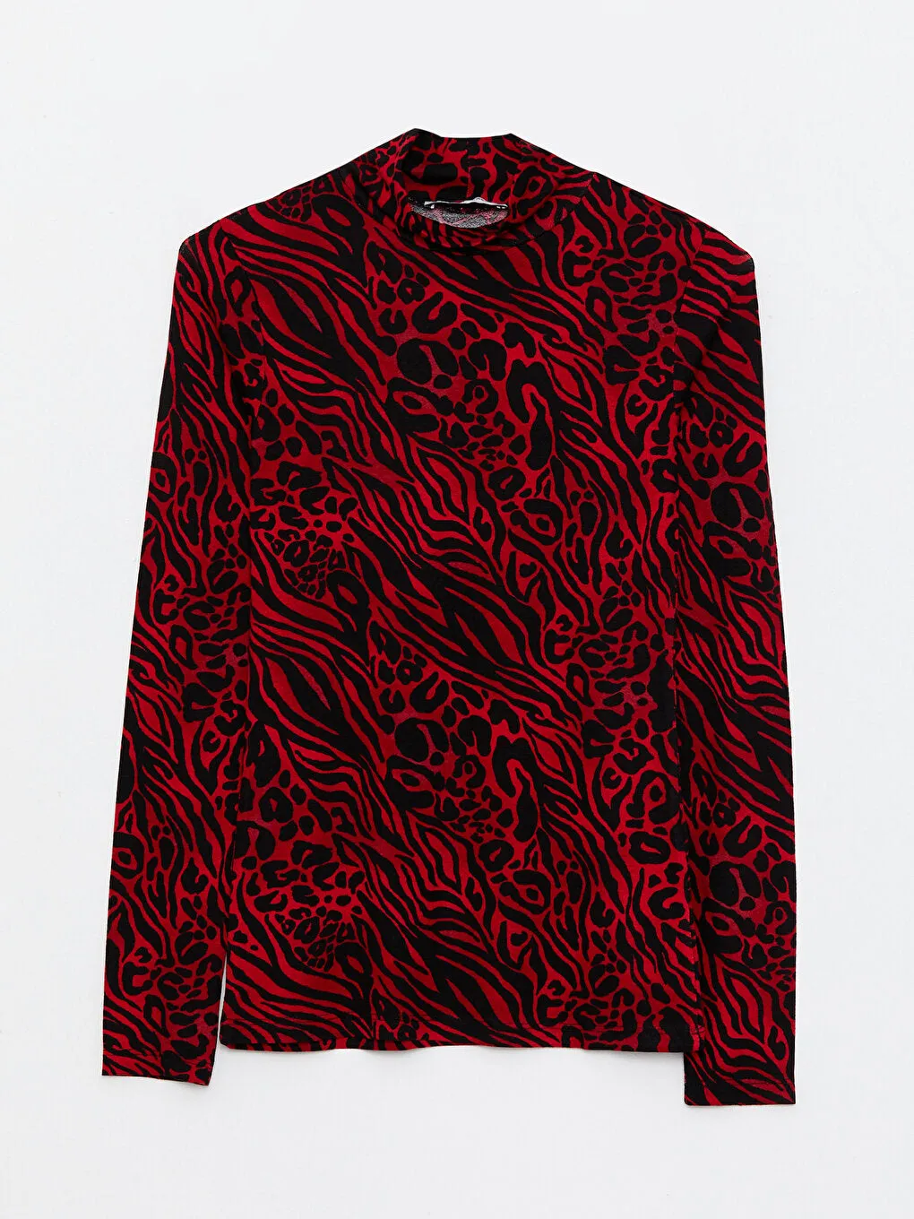 High Collar Patterned Long Sleeve Crepe Women's T-Shirt